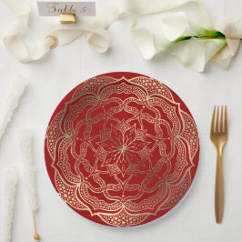 Mandala Art Boho Elegant Goud Donkerrood Kerstmis Papieren Bordje