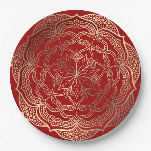 Mandala Art Boho Elegant Goud Donkerrood Kerstmis Papieren Bordje (Voorkant)