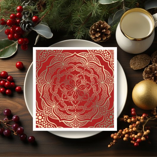 Mandala Art Boho Elegant Goud Donkerrood Kerstmis Servet