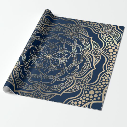 Mandala Art Boho Elegant Goud Marine Blauw Kerstmi Cadeaupapier (Uitgerold)