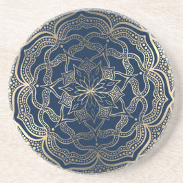Mandala Art Boho Elegant Luxe Goud en Navy Blue Zandsteen Onderzetter