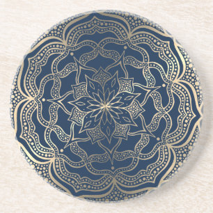 Mandala Art Boho Elegant Luxe Goud en Navy Blue Zandsteen Onderzetter