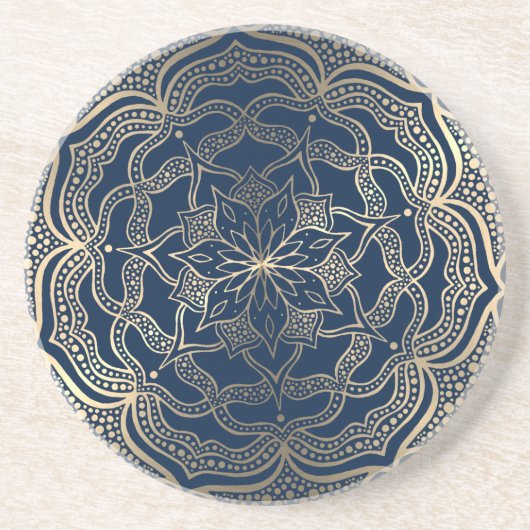 Mandala Art Boho Elegant Luxe Goud en Navy Blue Zandsteen Onderzetter (Voorkant)