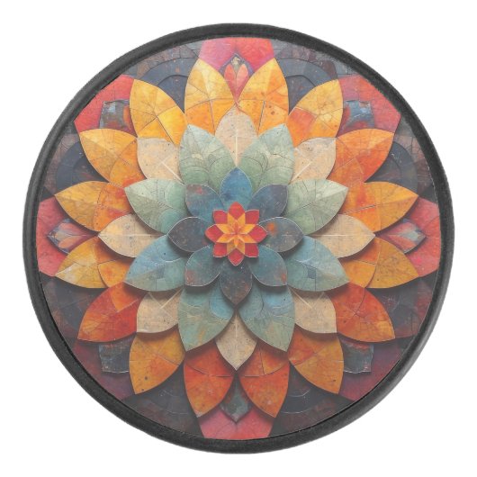 Mandala Art Geweven Bloem Hockey Puck (Voorkant)