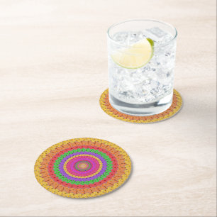 Mandala Ball yellow crochet style - Ronde Kartonnen Onderzetter