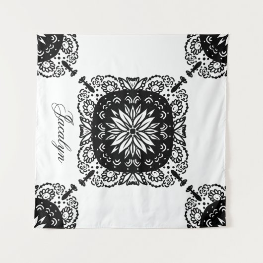 Mandala Black White Floral Name Tapestry Wandkleed (Voorkant (horizontaal))