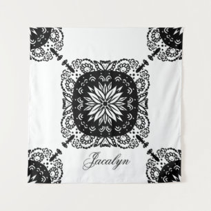 Mandala Black White Floral Name Tapestry Wandkleed