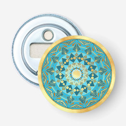 Mandala blauw goud op zachte gouden achtergrond button flesopener