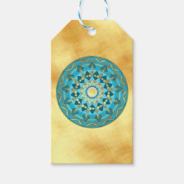 Mandala blauw goud op zachte gouden achtergrond cadeaulabel