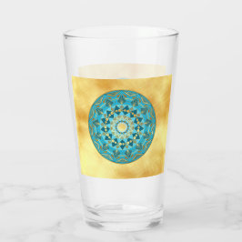 Mandala blauw goud op zachte gouden achtergrond glas