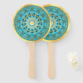 Mandala blauw goud op zachte gouden achtergrond handwaaier