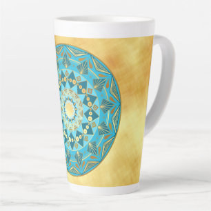 Mandala blauw goud op zachte gouden achtergrond latte mok