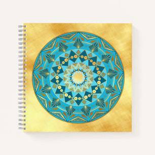 Mandala blauw goud op zachte gouden achtergrond notitieboek