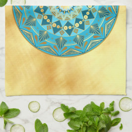 Mandala blauw goud op zachte gouden achtergrond theedoek