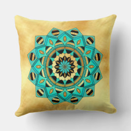 Mandala blauw goud zwart op zachte gouden achtergr kussen