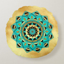 Mandala Blauw Goud Zwart op Zachte Gouden Achtergr Rond Kussen