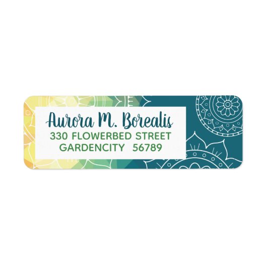 Mandala blauw groen geel boho etiket (Voorkant)