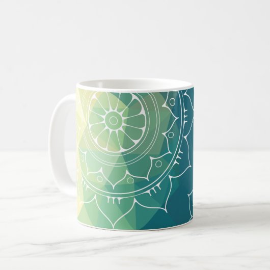 Mandala blauw groen geel boho koffiemok (Voorkant links)