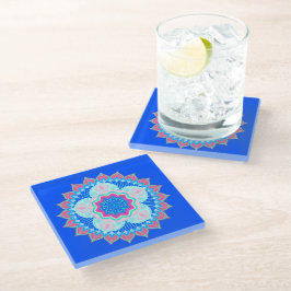 Mandala Blauw Roze op Blauwe Achtergrond Glazen Onderzetter