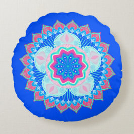 Mandala Blauw Roze op Blauwe Achtergrond Rond Kussen