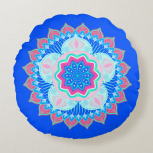 Mandala Blauw Roze op Blauwe Achtergrond Rond Kussen