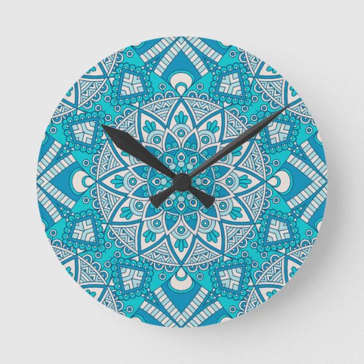 Mandala blauw tegelpatroon ronde klok (Voorkant)