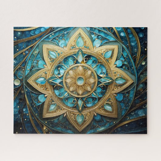 Mandala Blauwgroen blauw goud Legpuzzel (Horizontaal)