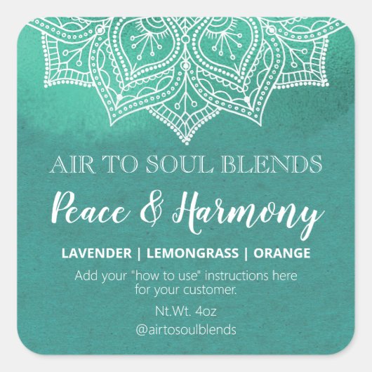 Mandala Blauwgroen met witte tekstmenglabels Vierkante Sticker (Voorkant)