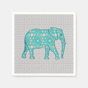 Mandala bloem olifant - turquoise, grijs & wit servet