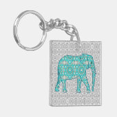 Mandala bloem olifant - turquoise, grijs & wit sleutelhanger (Voorkant Links)