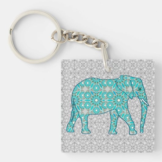 Mandala bloem olifant - turquoise, grijs & wit sleutelhanger (Voorkant)