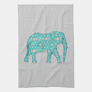 Mandala bloem olifant - turquoise, grijs & wit theedoek