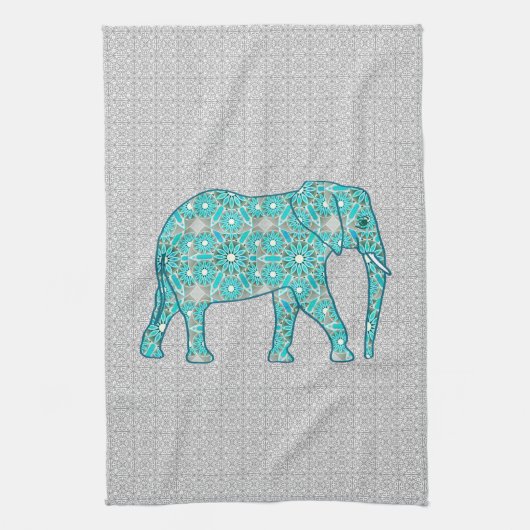 Mandala bloem olifant - turquoise, grijs & wit theedoek (Verticaal)