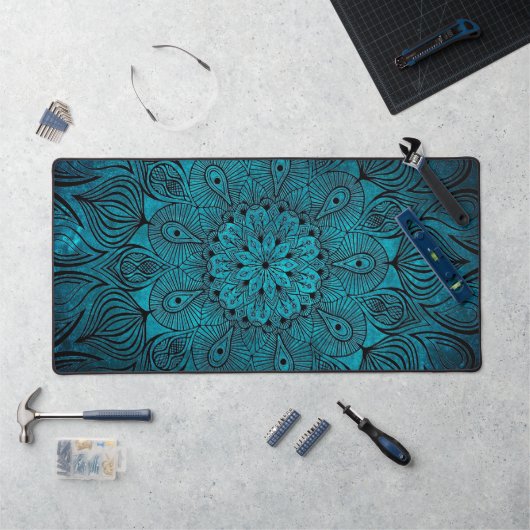 Mandala Bloem Zen Koel Helder Levendig Teal Blauw Bureaumat (Werkstation)