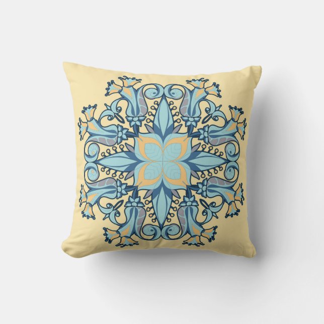 Mandala Bloom Kussen in Geel (Voorkant)