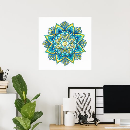 Mandala Blue Turquoise Yellow Waterverf Poster (Thuiskantoor)