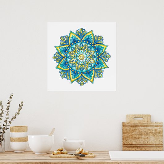 Mandala Blue Turquoise Yellow Waterverf Poster (Keuken)