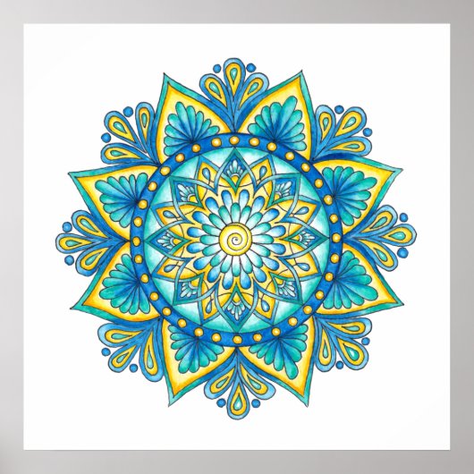 Mandala Blue Turquoise Yellow Waterverf Poster (Voorkant)