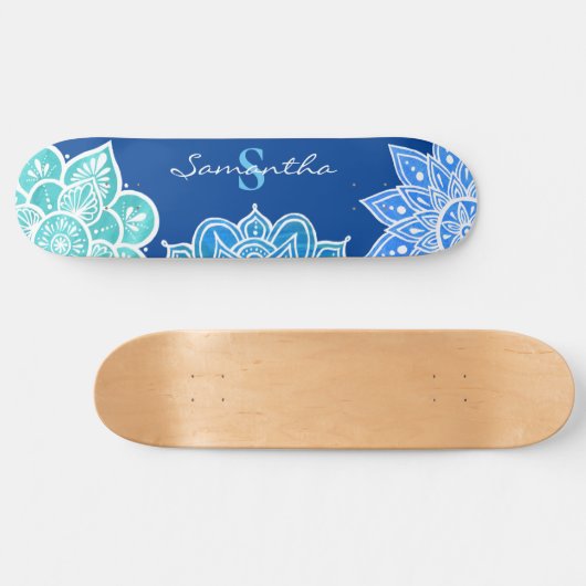 Mandala Blue White Turquoise Monogram Persoonlijk Skateboard (Horizontaal)