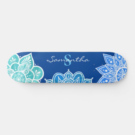 Mandala Blue White Turquoise Monogram Persoonlijk Skateboard (Horizontaal)