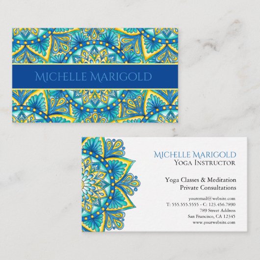 Mandala Blue Yellow Floral Yoga Instructor Visitekaartje (Voorkant / Achterkant)