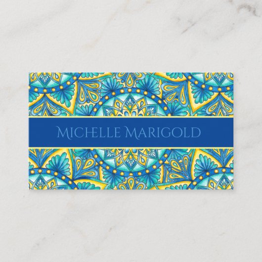 Mandala Blue Yellow Floral Yoga Instructor Visitekaartje (Voorkant)