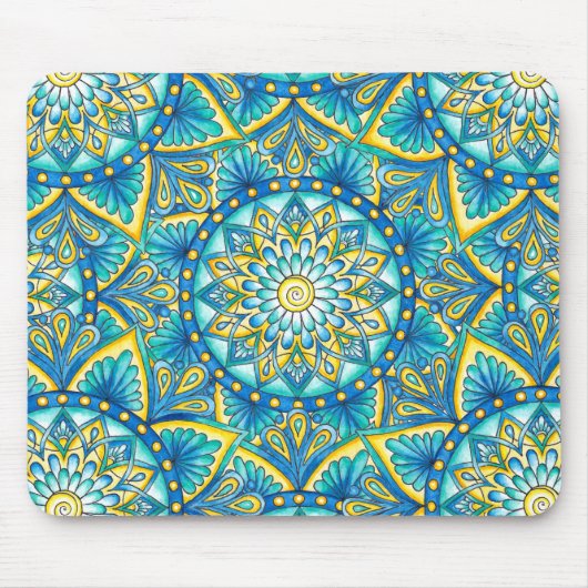 Mandala Blue Yellow Turquoise Pattern Muismat (Voorkant)