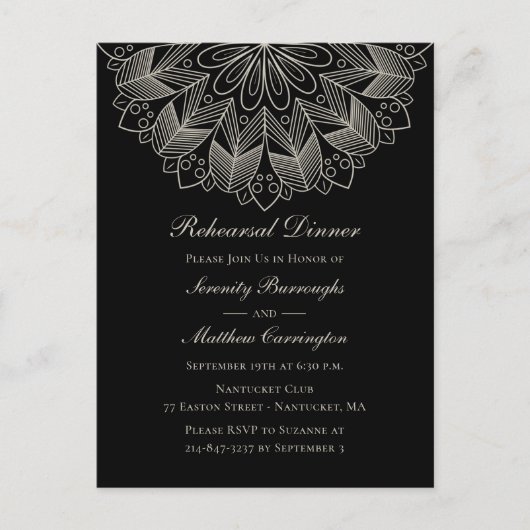 Mandala Boho Black Indian Wedding repetitie diner Uitnodiging Briefkaart (Voorkant)