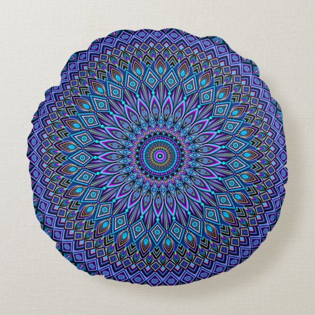Mandala Boho Blue Blauwgroen Paars Peacock Gold Ma Rond Kussen (Voorkant)