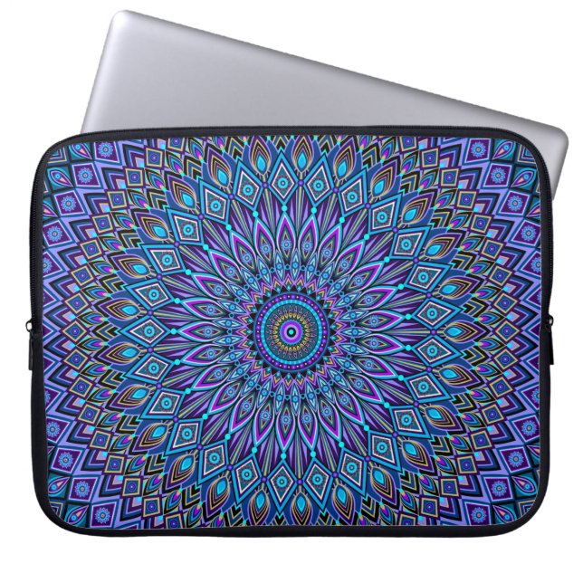 Mandala Boho Blue Blauwgroen Paars Peacock Gold Vi Laptop Sleeve (Voorkant)