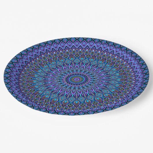 Mandala Boho Blue Blauwgroen Paars Peacock Vibrant Papieren Bordje (Gekanteld)