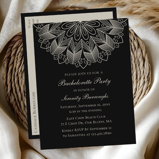Mandala Boho Indian Black Wedding Bachelorette Uitnodiging Briefkaart