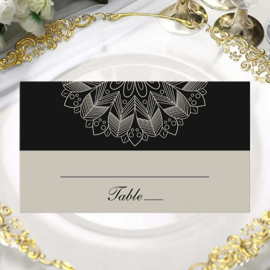 Mandala Boho Indian Elegant Black Wedding Escort Plaatskaartje