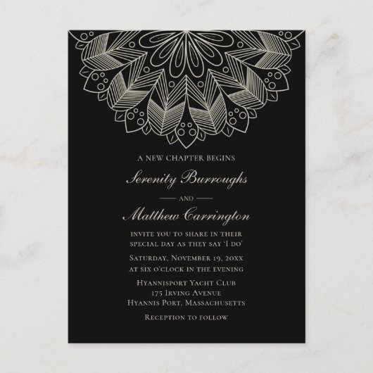Mandala Boho Indian Elegant Black Wedding Invitati Uitnodiging Briefkaart (Voorkant)